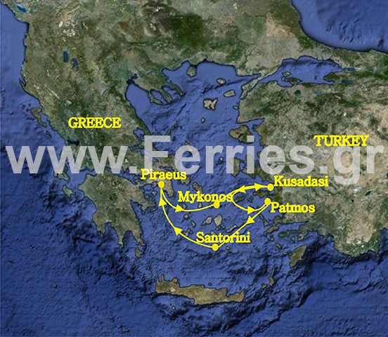 3 Days Cruise from Piraeus - Athens (Greece), Mykonos (Greece), Kusadasi (Turkey), Patmos (Greece), Heraklion (Greece), Santorini (Greece),   Piraeus - Athens (Greece).