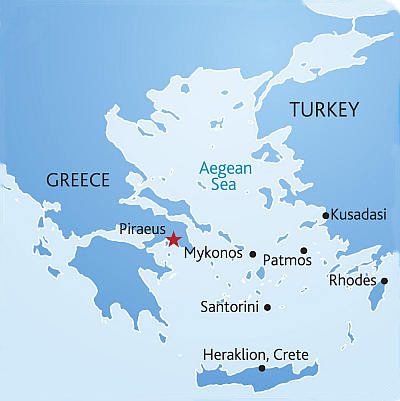 4 Days Cruise from Piraeus - Athens (Greece),  Mykonos (Greece),Kusadasi - Ephessos (Turkey), Patmos (Greece), Rhodes (Greece), Heraklion - Crete (Greece),  Santorini (Greece),